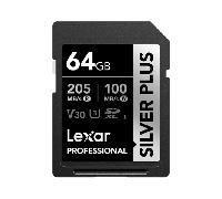 lexar 64gb professional silver plus sdxc uhs-i cards up to 205mbs read 100mbs write c10 v30 u3
