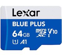Lexar Blue Plus - Tarjeta de memoria microSD UHS-I de 64 GB con adaptador SD, hasta 100 MB/s de lectura microSDHC C10 / A1 / U1 / V10