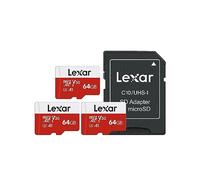 Lexar E-Series - Tarjeta micro SD de 64 GB, paquete de 3, tarjeta de memoria flash microSDXC UHS-I con adaptador, 100 MB/s, C10, U3, A1, V30, Full HD, 4K UHD, tarjeta TF de alta velocidad