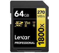 Lexar SDXC Professional 64GB 1800x UHS-II Serie Gold, Clase 10, U3, V60, Grabación de vídeo en 4K, Negro