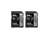 Lexar SILVER PRO Tarjeta SD de 2x64GB, tarjeta de memoria SD UHS-II, V60, U3, C10, lectura de hasta 280MB/s, escritura de 130MB/s, tarjeta SDXC para DSLR/cámara/fotógrafo/videógrafo(LSDSIPR064G-B2NAA)