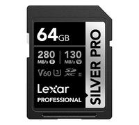 Lexar SILVER PRO Tarjeta SD de 64GB, tarjeta de memoria SD UHS-II, V60, U3, C10, lectura de hasta 280MB/s, escritura de 130MB/s, tarjeta SDXC para DSLR/cámara/fotógrafo/videógrafo(LSDSIPR064G-BNNAA)