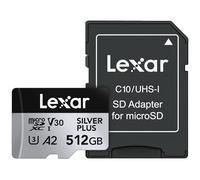 Lexar Tarjeta de memoria microSDXC Professional Silver Plus de 512 GB con adaptador SD, UHS-I, C10, U3, V30, Full-HD y video 4K, hasta 205/150 MB/s de lectura/escritura, para videógrafos, jugadores