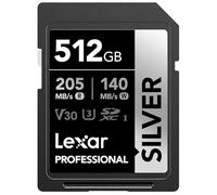 Lexar Tarjeta de memoria SDXC profesional plateada de 512 GB, UHS-I, C10, U3, V30, video 4K, hasta 205/140 MB/s de lectura/escritura, para fotógrafos profesionales, videógrafos, entusiastas