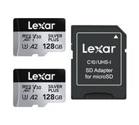 Lexar Tarjeta Micro SD 128 GB Silver Plus Paquete de 2, Tarjeta de Memoria Micro SD con Adaptador, Tarjeta Microsdxc TF hasta 205 MB/s, A2 U3, Clase 10, V30, Full HD y 4K UHD para Cámara, Videoconsola