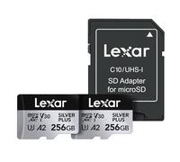 Lexar Tarjeta micro SD profesional Silver Plus de 256 GB (paquete de 2), UHS-I, C10, U3, V30, Full HD y 4K, tarjeta de memoria microSDXC de hasta 205/150 MB/s, para videógrafos, jugadores