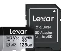 Lexar Tarjeta Micro SD Silver GO de 128 GB, Lectura de 250 MB/s, 4K, V30 | Compatible con DJI, Insta360, GoPro, Nintendo Switch 1, Steam Deck, para videógrafos, jugadores, adaptador SD