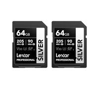 Lexar Tarjeta SD 64 GB Silver, hasta 205 MB/s de Lectura, Paquete de 2, Tarjeta de Memoria SDXC UHS-I, Clase 10, U3, V30, SD Card para Fotógrafos Profesionales, Videógrafos y Entusiastas