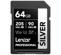 Lexar Tarjeta SD 64 GB Silver, hasta 205 MB/s de Lectura, Tarjeta de Memoria SDXC UHS-I, Clase 10, U3, V30, SD Card para Fotógrafos Profesionales, Videógrafos y Entusiastas