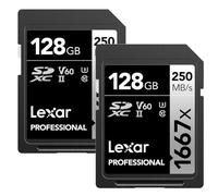 Lexar Tarjetas de Memoria SDXC Profesionales de 128 GB (Paquete de 2) 1667x, UHS-II, C10, U3, V60, Video Full-HD y 4K, hasta 250 MB/s de Lectura, para fotógrafos Profesionales, videógrafos,