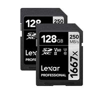 Lexar Tarjetas de Memoria SDXC Profesionales de 128 GB (Paquete de 2) 1667x, UHS-II, C10, U3, V60, Video Full-HD y 4K, hasta 250 MB/s de Lectura, para fotógrafos Profesionales, videógrafos,