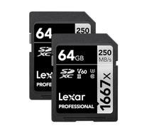 Lexar Tarjetas de memoria SDXC profesionales de 64 GB (paquete de 2) 1667x, UHS-II, C10, U3, V60, video Full-HD y 4K, hasta 250 MB/s de lectura, para fotógrafos profesionales, videógrafos, entusiastas