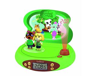 LEXIBOOK, Animal Crossing, Reloj Despertador con proyector para niños, Luz Nocturna y proyección de la Hora en el Techo, Efectos sonoros, Funciona con Pilas, Verde, RP500AC