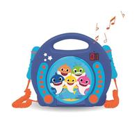 LEXIBOOK- Pinkfong Baby Shark Nickelodeon-Reproductor CD Karaoke con 2 micrófonos Integrados, programación, Toma de Auriculares, para niños, AC o Funciona con batería, Azul/Naranja