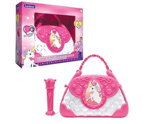 LEXiBOOK Unicornio, bolsa de karaoke con micrófono, cambiador de voz, canciones de demostración, efectos de luz, micrófono incluido, entrada auxiliar, rosa/azul, K102UNI