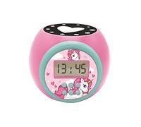 LEXIBOOK, Unicornio, Reloj Despertador con proyector, función de repetición y Alarma, luz Nocturna con Temporizador, Pantalla LCD, Funcionamiento a Pilas, Rosa, RL977UNI