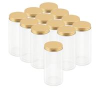 LEXININ Paquete de 12 tarros de plástico transparente de 500 ml con tapas de aluminio doradas, tarros de almacenamiento de boca ancha, recipientes de almacenamiento de plástico vacíos para alimentos,