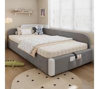 Lexiou Cama hidráulica con espacio de almacenamiento, valla suave elevada, bolsa de almacenamiento al pie de la cama, panel lateral derecho, terciopelo+madera contrachapada, gris, 90x200cm