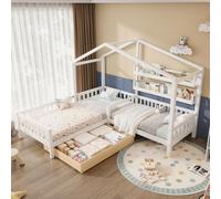 Lexiou Cama Infantil casa con cajones y estantes, Madera Maciza con Valla y somier, Estructura en L (Natural) (Blanco, 90x200 cm+140x70cm)