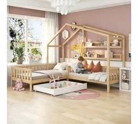 Lexiou Cama Infantil casa con cajones y estantes, Madera Maciza con Valla y somier, Estructura en L (Natural)