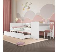 Lexiou Cama plana, cama de madera, 90 x 200 cm, con escritorio, equipada con 2 cajones, cama individual (sin colchón), con estantes, pino+aglomerado (blanco)
