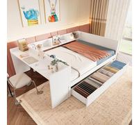 Lexiou Cama plana de madera, 140 x 200 cm, con escritorio, equipada con 2 cajones, cama doble (sin colchón), con estantes, pino y aglomerado (blanco)