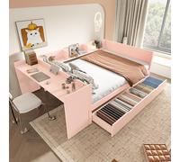 Lexiou Cama plana de madera, 140 x 200 cm, con escritorio, equipada con 2 cajones, cama doble (sin colchón), con estantes, pino y aglomerado (rosa)