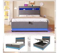 Lexiou Cama tapizada, 140 x 200 cm, con función de carga USB tipo C, iluminación LED, almacenamiento hidráulico, compartimento de almacenamiento con tapa superior, sin colchón, botón de empuje/aptitud