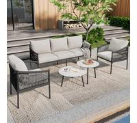 Lexiou Juego de muebles de jardín, sillón de jardín, sofá de 3 plazas, 2 sillones y 2 mesas de café, para exteriores, tapa de cristal de mármol lacado, cuerda trenzada a mano, gris