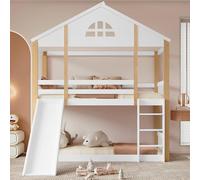 Lexiou Litera de 90 x 200 cm con ventanas características y deslizadores angulares de tres niveles, cama infantil con tobogán, cama con vallas y protección contra caídas, marco de cama de madera