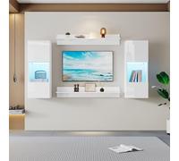 Lexiou Wandregal 4er sett, LED-Wandschrank y 2 Regale - Smarte APP-gesteuerte Beluechtung, Hochglanzoberfläche y Türen aus gehärtetem Glas, für Wohnzimmer, TV-kompatibel, TV-Schrank-Set (blanco)