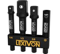 LEXIVON Juego de adaptadores de vasos de impacto y porta-puntas magnético | 4 piezas de extensión de 1/4 de pulgada hexagonal a 1/4", 3/8" y 1/2" | Incluye estante organizador (LX-104)