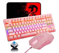 LexonElec Teclado mecánico para juegos con interruptor azul, mini 82 teclas, con cable, teclado retroiluminado LED arcoíris, mouse ligero para juegos de 6400 DPI óptico de panal, alfombrilla de mouse