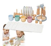 Lexsyn Vajilla de madera de 33 piezas para aprender, juguete de madera para cocina de juguete y casa de horneado, para fiestas, Navidad, cumpleaños, panadería, casa, al aire libre, niños de 3 a 5 años