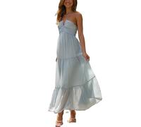 Leyajedol Vestido largo entallado Y2K para mujer, con tirantes delgados, corte bajo, casual, sin espalda, vestido maxi con vuelo, sexy, ropa de club, Aj-azul moderno, S