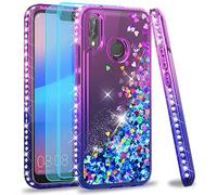 LeYi Funda Huawei P20 Lite Silicona Purpurina Carcasa con [2-Unidades Cristal Vidrio Templado],Transparente Cristal Bumper Telefono Fundas Case Cover para Movil Huawei P20 Lite ZX Azul/Púrpura