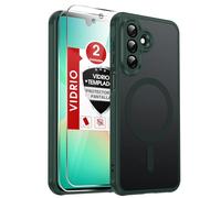 LeYi Funda magnética para teléfono móvil para Samsung Galaxy A27 5G 5G 2 piezas de película protectora, funda de protección militar para A 27, funda mate translúcida, verde