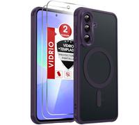 LeYi Funda Mate para Samsung Galaxy A36 4G / 5G y Protector de Cámara, Compatible con MagSafe Magnetic, Movil Carcasa Antigolpes Helada Translúcida Antihuellas con 2 Piezas Cristal Templado, Morado