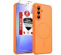 LeYi Funda Mate para Samsung Galaxy A36 4G / 5G y Protector de Cámara, Compatible con MagSafe Magnetic, Movil Carcasa Antigolpes Helada Translúcida Antihuellas con 2 Piezas Cristal Templado, Naranja
