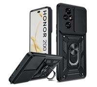 LeYi Funda para Honor 200 Pro 5G, Carcasa Cubierta de cámara Deslizante Proteger Anillo Soporte Silicona TPU Armor Bumper Case, Negro