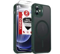 LeYi Funda para iPhone 12 Compatible con MagSafe Magnética, con 2× Cristal Templado, Carcasa Translúcido Esmerilado Grado Militar Antigolpes Case, Verde