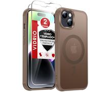 LeYi Funda para iPhone 14 Compatible con MagSafe Magnética, con 2× Cristal Templado, Carcasa Translúcido Esmerilado Grado Militar Antigolpes Case, Marrón