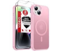 LeYi Funda para iPhone 14 Compatible con MagSafe Magnética, con 2× Cristal Templado, Carcasa Translúcido Esmerilado Grado Militar Antigolpes Case, Rosa