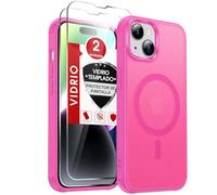 LeYi Funda para iPhone 14 Compatible con MagSafe Magnética, con 2× Cristal Templado, Carcasa Translúcido Esmerilado Grado Militar Antigolpes Case, Rosa Rojo