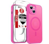LeYi Funda para iPhone 15 Compatible con MagSafe Magnética, con 2× Cristal Templado, Carcasa Translúcido Esmerilado Grado Militar Antigolpes Case, Rosa Rojo