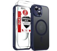 LeYi Funda para iPhone 15 Compatible con MagSafe Magnética, con 2× Cristal Templado, Carcasa Translúcido Esmerilado Grado Militar Antigolpes Case, Azul