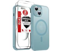 LeYi Funda para iPhone 15 Compatible con MagSafe Magnética, con 2× Cristal Templado, Carcasa Translúcido Esmerilado Grado Militar Antigolpes Case, Azul Claro