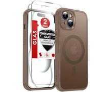 LeYi Funda para iPhone 15 Compatible con MagSafe Magnética, con 2× Cristal Templado, Carcasa Translúcido Esmerilado Grado Militar Antigolpes Case, Marrón