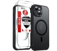 LeYi Funda para iPhone 15 Compatible con MagSafe Magnética, con 2× Cristal Templado, Carcasa Translúcido Esmerilado Grado Militar Antigolpes Case, Negro