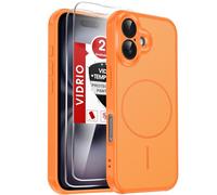 LeYi Funda para iPhone 16 Compatible con MagSafe Magnética, con 2× Cristal Templado, Carcasa Translúcido Esmerilado Grado Militar Antigolpes Case, Naranja